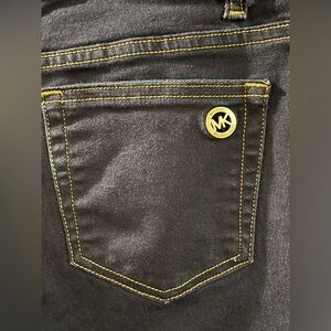 Michael Kors Black Skinny Jeans with Yellow Stitching and Gold MK Button